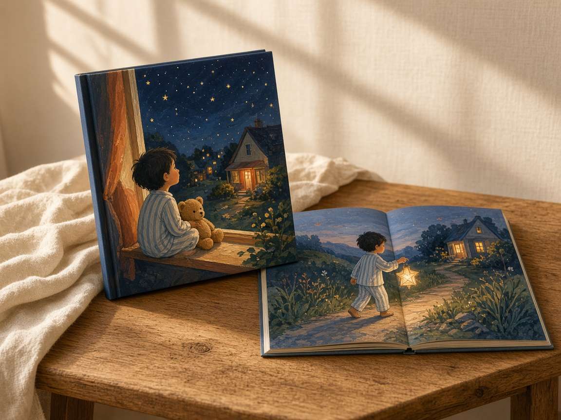 Two Homefront Stories picture books on a wooden table: a hardcover cover painted with a child and teddy bear at a window under the stars, and an open book showing the child walking home with a star lantern.