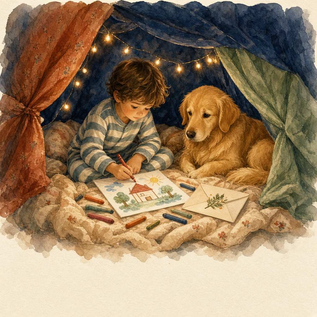 Sample page: a boy in striped pajamas drawing a picture in a blanket fort, his golden retriever beside him.