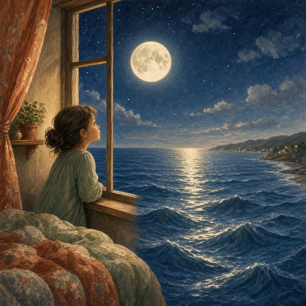 Sample page: a girl at her bedroom window looking at a full moon shining over a wide ocean.