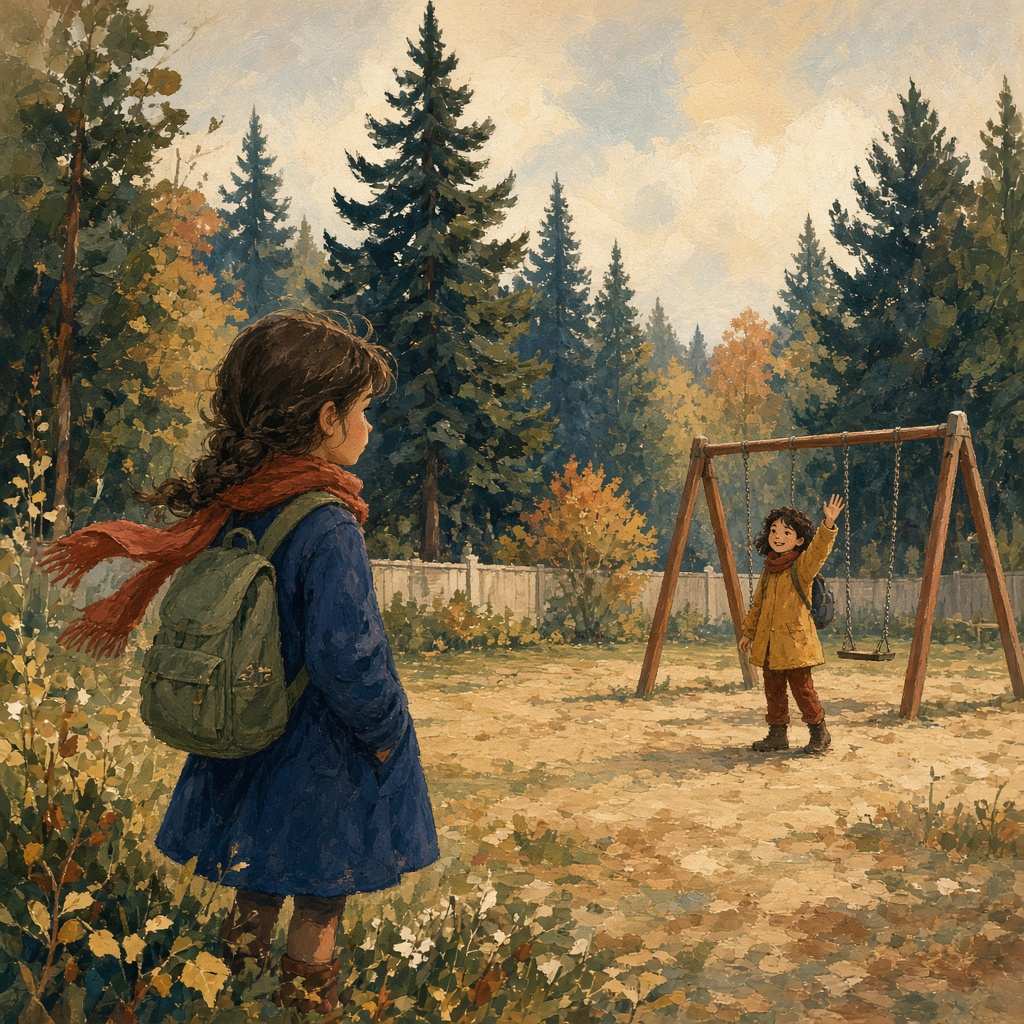 Sample page: a girl with a backpack and red scarf at the edge of a new playground while a classmate waves from the swings.
