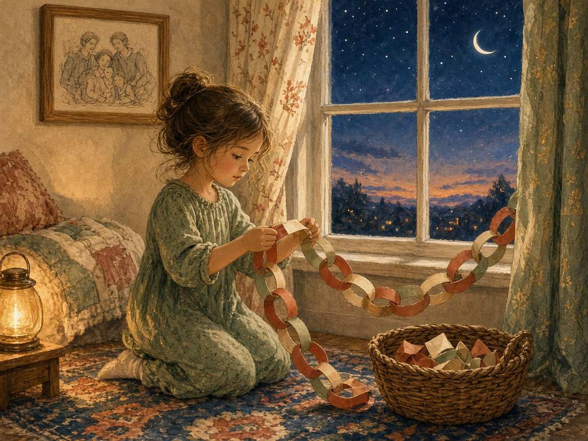 Painterly illustration of a girl in a cozy bedroom at dusk, taking a link off a paper countdown chain by the window.