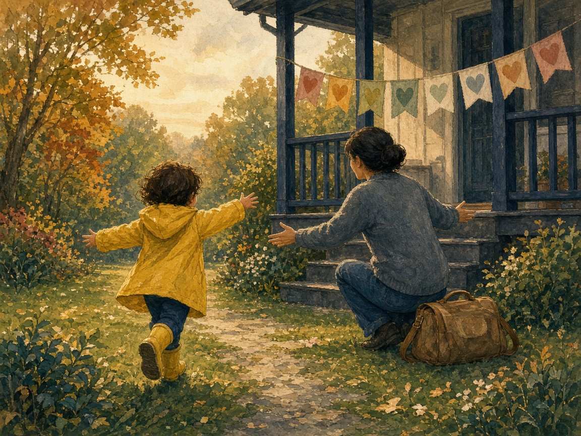 Painterly illustration of a child in a yellow raincoat running across a lawn into a parent's open arms beside a porch with a heart banner.