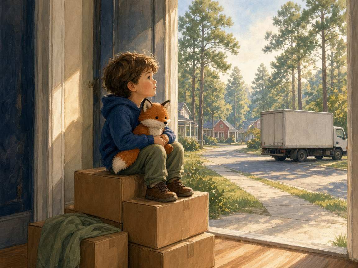 Painterly illustration of a boy hugging a stuffed fox on a stack of moving boxes, looking out at a new street lined with pines.